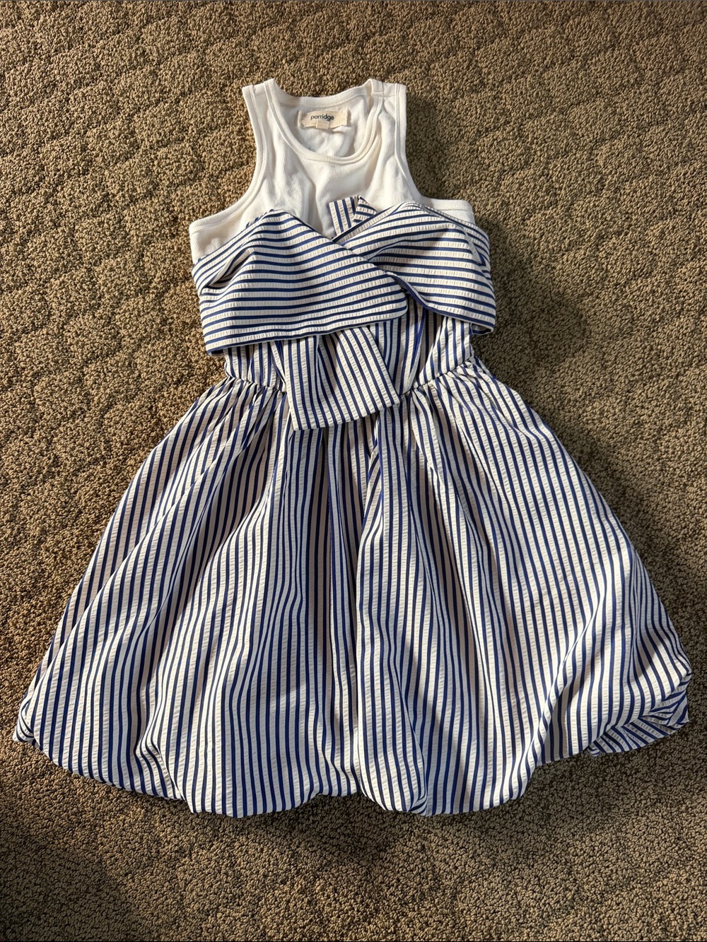 Striped Blue and White Sleeveless Mini Dress with Twisted Bodice & Bubble Skirt
